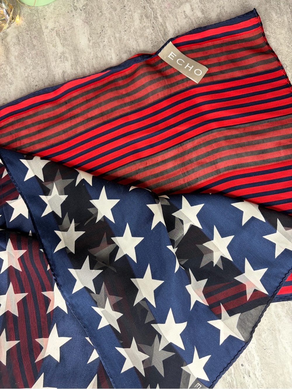 Echo Patriotic Scarf Flag Stars Stripes American Red White Blue Sheer  11x52
